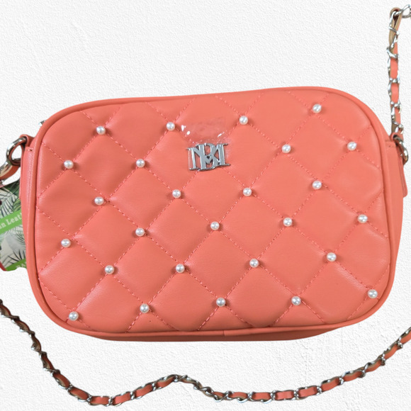 Badgley Mischka Coral Pink Quilted Diamond Pearl Crossbody Camera Bag Purse - Picture 3 of 10